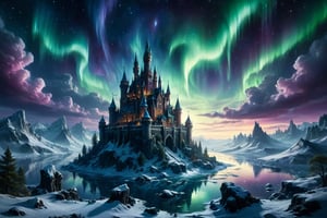 icy floating island, fantasy art, castle, snowing, high_resolution, 8K, aurora night sky, castle in the sky