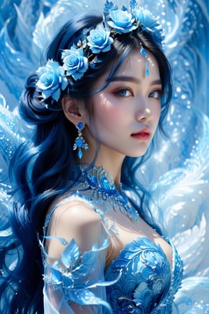 masterpiece, high quality realistic, fantasy-world art, aesthetic photo, highly detailed, intricate detailed, graceful and beautiful textures, RAW photo, 16K, (head to waist portrait), side view, look at camera, white majestic background, Fusion with blue crystal, captivating young girl, asian woman, beautiful face, detailed crystal eyes, light blue medium wavy hair, blue rose hair ornament, dress,