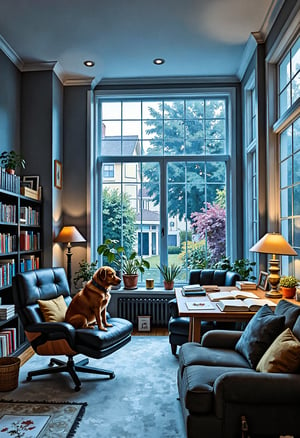 Living room with large windows, overlooking the garden, bathed in warm blue hues. The room is filled with various painting supplies and canvases on shelves, while a dog sits at their desk surrounded by books and sketches, adding to the cozy atmosphere. In the background, you can see 
exotis garden outside, adding depth to the scene.,Modern,oil painting