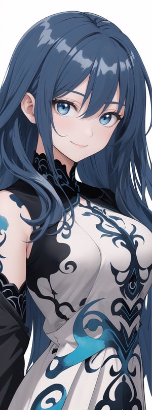 A very beautiful anime girl dressing a elegant dress, beautiful long blue hair, blue eyes, gentle smile, her dress is made by ink, looking at viewer, radiant gaze, (front view), upper body, close up, ink brushstrokes in background mastepiece quality, stunning image, colorful, Ink art style.