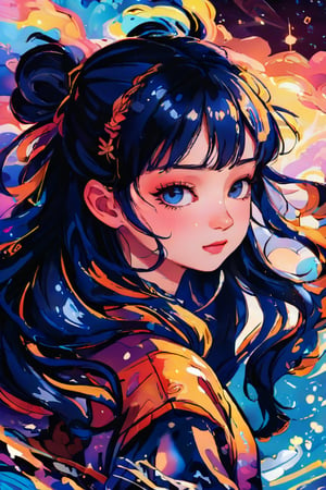 Anime style, highly detailed, masterpiece, fantasy art, 1girl, solo, long blue hair, twintail, looking straight up, blush, bangs, blue eyes, wavy hair, hair ornament, parted lips, blurry, eyelashes, excellent quality, light particles, water drop, stunning_image, Anime art style, vspop, rich color,kidz