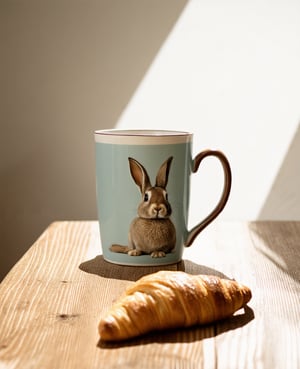Create an image of a family coffee mug with a rabbit print, placed on a rustic wooden table. Beside it, a freshly baked croissant with a golden-brown crust is perfectly arranged. The scene is illuminated by soft morning sunlight, casting a warm glow over the table. The composition focuses on the mug and croissant, with a slight depth of field to emphasize the cozy breakfast setting.