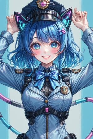 cowboy shot, idol smile, ultra Realistic anime, futuristic cyborg idol with cute mechanical cat ears, vibrant color palette, long blue hair, blue pupils, blue eyes, bow hairpins, blushing, shyness, blue bow tie, black police outfit, police hat, long sleeves, miniskirt, hands raised above the head
