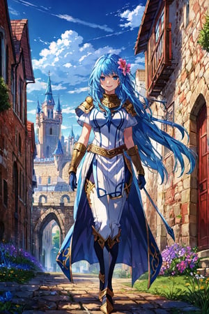masterpiece, best quality, half body, perfect anatomy, 1girl, solo, reah, long blue hair, hair flower, gloves, armor, breastplate, bodysuit, pelvic curtain, standing, smile, outdoors, medieval city, castle in background,
