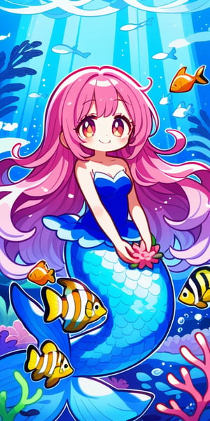 score_9, score_8_up, score_8, score_7_up, vibrant watercolor anime style. Gorgeous mermaid playing with other fish on the sea. She smiles charmingly as she holds a coral. A whimsical deep seat emerges out of a blue background