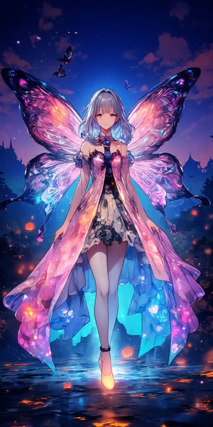 Gorgeous romantic elements, halloween theme, pumpkin, transparent bright color rendering, ((panorama)), flare rendering + transparent watercolor, color rendering, ((night background)), the foreground is a transparent colorful butterfly pattern with rotating vortex diffusion traces, the details of the characters are exquisite and delicate, wearing tie A beautiful butterfly fairy in a bright and transparent flowing elegant dress, with flowing long blue hair and luminous luxury and beautiful high heels. The fairy is graceful and elegant (all including feet). Silhouette 4, the gorgeous luminous transparent colorful bow adds the ultimate beauty and exudes sparkling light. Romantic, romantic, dreamy and dreamy effect, everything is glowing,Witch,anime,cute