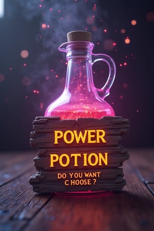 3d rendering, (masterpiece, best quality), mystic, haze aura, wooden text sign 'Which power POTION do you want to choose?'