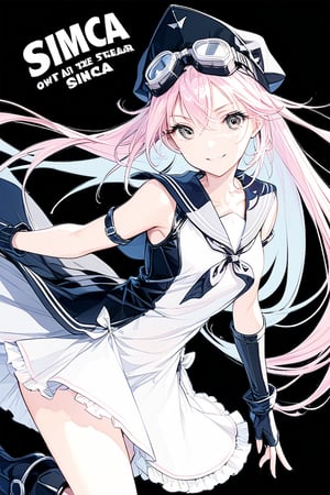 1girl, solo, looking at the audience, model pose, gentle smile, eyes with long and dense eyelashes (very bright and crystal clear), air gear, character name, text, Air Gear, black background, simca, grey eyes, pink hair, long hair, goggles, sailor dress, gloves, fingerless gloves, goggles on headwear, boots