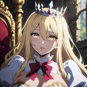 anime, anime style, niji6 style, by nijijourney, 1girl, queen, white tiara, elegant hair, blonde hair, pride, golden eyes, majestic, looking straight up, 
gentle smile, elegant hair, majestic, upper body, breasts, blurry, queen uniform, white gown, cleavage, frills, sidelocks, hair between eyes, castle, daylight, blurry background, portrait, outdoors, large breasts, depth of field, puffy sleeves, glowing, colored skin, lips, shaded, light particle, light theme, masterpiece, best quality, highres, 4k, 8k, intricate detail, cinematic lighting, amazing quality, amazing shading, film grain, blurry foreground, vignetting chiaroscuro, chromatic aberration, backlighting, young female, detailed illustration, anime style, wallpaper, animification, anime coloring, fake screenshot, screencap, anime screencap