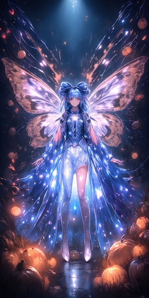 Gorgeous romantic elements, halloween theme, pumpkin, transparent bright color rendering, ((panorama)), flare rendering + transparent watercolor, color rendering, ((night background)), the foreground is a transparent colorful butterfly pattern with rotating vortex diffusion traces, the details of the characters are exquisite and delicate, wearing tie A beautiful butterfly fairy in a bright and transparent flowing elegant dress, with flowing long blue hair and luminous luxury and beautiful high heels. The fairy is graceful and elegant (all including feet). Silhouette 4, the gorgeous luminous transparent colorful bow adds the ultimate beauty and exudes sparkling light. Romantic, romantic, dreamy and dreamy effect, everything is glowing,Witch,anime,cute