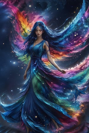 anime girl, masterpiece, high quality realistic, realistic aesthetic photo, sharp forcus, vibrant colors, galaxy of background, (full body shot), rainbow-color, elegance, passion, fairy, beautiful girl, long blue hair, long dress, wind, dancing, DonMF41ryW1ng5XL,ink,DonMM1y4XL