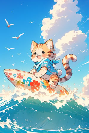 In this 8K-quality animation, a playful kitten is seen from below, effortlessly riding a miniature surfboard across the gentle waves. The bright blue sky serves as a stunning backdrop, providing a vivid contrast to the kitten's soft fur and the surfboard's vibrant colors. The composition is dynamic, with the kitten's paws splayed out in all directions, capturing its carefree spirit.