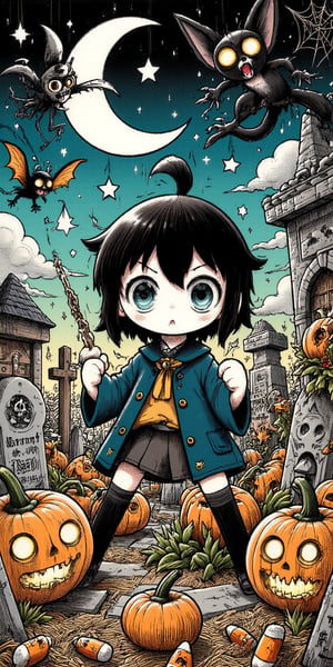 A bewitching Halloween scene unfolds in this manga panel: a tiny, spirited heroine stands defiantly amidst a graveyard of pumpkins and tombstones, her bright blue eyes aglow with determination. A crescent moon casts an eerie glow above, while candy corn and spider webs adorn the dark, mystical atmosphere.