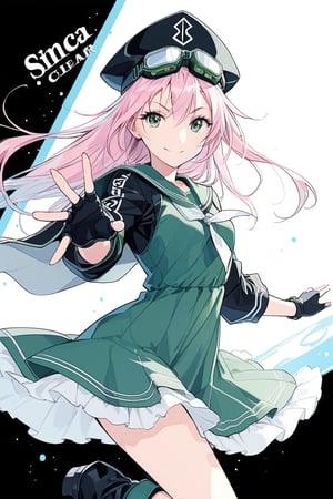 1girl, solo, looking at the audience, model pose, gentle smile, eyes with long and dense eyelashes (very bright and crystal clear), air gear, character name, text, Air Gear, black background, simca, grey eyes, pink hair, long hair, goggles, green sailor dress, gloves, fingerless gloves, goggles on headwear, boots