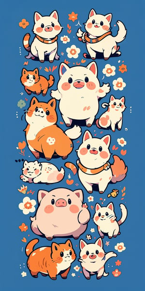 pattern_background, polka-dot, chibi girls, multiple girls, happy, cat, dog, pig, pink and blue background, high detailed, pattern_w4llpaper, simplecats