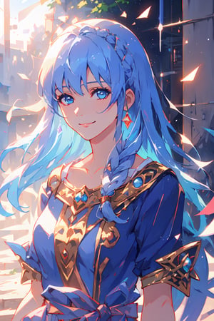 (masterpiece), best quality, high resolution, extremely detailed, detailed background, dynamic lighting, realistic, photorealistic, princess, reah, 1 girl, hands behind back, gentle smile, realistic, long blue hair, braid, facing viewer, ,Colors
