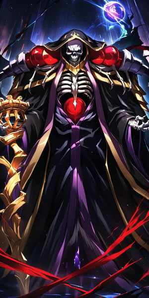 score_9, score_8_up, score_7_up, score_6_up, source_anime, best quality, masterpiece, colorful, very aesthetic, anime, BREAK   ainz ooal gown, skeleton, lich, dark robe, red dot eyes, overlord, so-bin style, teeth, hood, magic, enchanted, guild staff, golden staff  with snakes  and jewels,ainz ooal gown \(overlord\), Movie Poster, MoviePosterAF