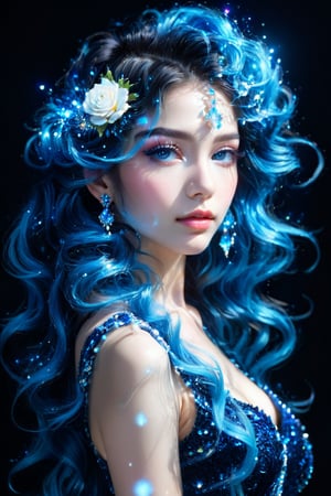 masterpiece, high quality realistic, fantacy-world art, aesthetic photo, pore and detailed, intricate detailed, graceful and beautiful textures, RAW photo, 16K, (head to waist portrait), side view, look at camera, black simple background, Fusion with blue crystal, captivating young girl, beautiful face, detailed crystal eyes, light blue medium wavy hair, blue rose hair ornament, dress,