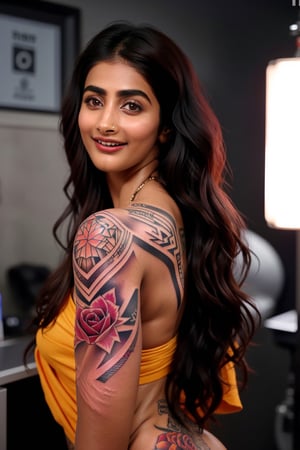 Best quality, pooja hegde, long hairs, black hair, high resolution image, realistic, perfect scenario of a tattoo artist woman, she is making an amazing tattoo for her client at tattoo parlor, a professional artist, herself has an amazing tattoo on her body,  this scenario was captured with DSLR camera shot with cinematic lighting. ,pooja hegde,