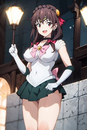 Highly detailed, High quality, Masterpiece, Beautiful, high detailed, Anime, 1girl, solo ,(cowboy shot) ,smile, brown hair, red eyes, big breasts, detailed background, looking_at_viewer,ANIME, front view, city, night_sky, full moon, rooftop, fog, starry sky, full moon, bishoujo senshi sailor moon, front view , smile, green choker, back bow, looking at viewer, bow, pleated skirt, sidelocks, gloves, heart, sailor collar, hair bow, white gloves, pink bow, tiara,yunyun, open mouth, green sailor collar, half updo, solo, shiny, elbow gloves, jewelry, earrings, orange shoes, miniskirt, green skirt, tiara, choker, sailor senshi uniform, magical girl, skirt, white leotard, looking front, Yunyun,sailor moon outfit, 