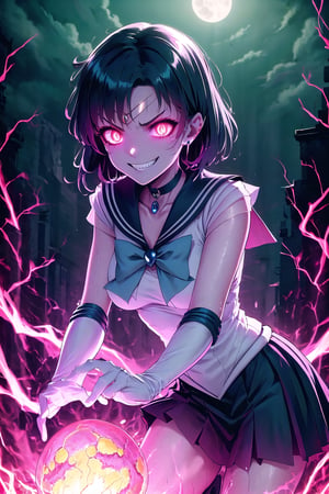 A haunting close-up shot of the corrupted Sailor Senshi girl, her dark uniform and accessories illuminated by a faint, ominous glow. Her wicked grin stretches across her face, eyes blazing with an otherworldly energy as she sports short hair. The dim light accentuates the glint on her knee boots and elbow gloves, while her dark blue skirt flows behind her like a dark cloud. A blue choker glows eerily around her neck, complemented by earrings and jewelry that seem to pulse with her corrupted soul's malevolent power.