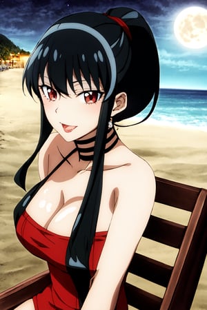 Highly detailed, High quality, Masterpiece, Beautiful, high detailed body, high detailed face, high detailed hands, high detailed background, (long shot), scenary, beach, night sky, full moon, Anime, one girl, solo, night, slingshot swimsuit, monokini,bare shoulders, choker, armlet,slim, big breasts, thin waist,open mouth, black hair, red eyes, smile, red lips, ponytail, looking_at_viewer, arms above head, sexy girl.long hair, towel, beach chair