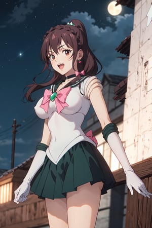 Highly detailed, High quality, Masterpiece, Beautiful, high detailed, Anime, 1girl, solo ,(cowboy shot) ,smile, brown hair, red eyes, big breasts, detailed background, looking_at_viewer,ANIME, front view, city, night_sky, full moon, rooftop, fog, starry sky, full moon, bishoujo senshi sailor moon, front view , smile, green choker, back bow, looking at viewer, bow, pleated skirt, sidelocks, gloves, heart, sailor collar, hair bow, white gloves, pink bow, tiara,yunyun, open mouth, green sailor collar, half updo, solo, shiny, elbow gloves, jewelry, earrings, orange shoes, miniskirt, green skirt, tiara, choker, sailor senshi uniform, magical girl, skirt, white leotard, looking front, Yunyun,sailor moon outfit, 