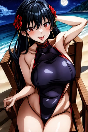 Highly detailed, High quality, Masterpiece, Beautiful, high detailed, high detailed background, (long shot), scenary, beach, night sky, full moon, Anime, one girl, solo, night, slingshot swimsuit, bare shoulders, slim, big breasts, thin waist,open mouth, black hair, red eyes, smile, red lips, hair ornament, looking_at_viewer, arms above head, sexy girl. long hair, towel, beach chair