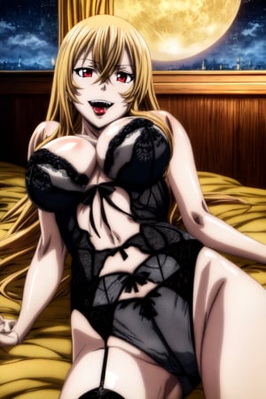 Highly detailed, High quality, Masterpiece, Beautiful, high detailed, high detailed background, (long shot), scenary, castle, indoors, bedroom, bed, lying in bed, night sky, full moon, Anime, one girl, bare shoulders, lingerie, (black lingerie), baby doll, negligee, garter belt, slim, big breasts, open mouth, vampire fangs, red eyes, blonde hair, hair between eyes, long hair, red lips, expressionless, red lips,  sexy vampire girl, vampire, long hair, Vampire, 