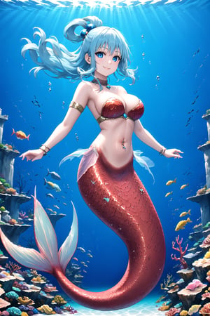 1girl, solo, blue eyes, smile, navel piercing, bracelets, armlet, heart choker,glitter,shiny,Mermaid,Full body,Underwater,Scales,aaaqua, long hair, blue hair, hair rings,hair ornament