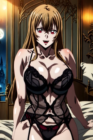 Highly detailed, High quality, Masterpiece, Beautiful, high detailed, high detailed background, (long shot), scenary, castle, indoors, bedroom, bed, lying in bed, night sky, full moon, Anime, one girl, bare shoulders, lingerie, (black lingerie), baby doll, negligee, garter belt, slim, big breasts, open mouth, vampire fangs, red eyes, blonde hair, hair between eyes, long hair, red lips, expressionless, red lips,  sexy vampire girl, vampire, long hair, Vampire, ,Waifu