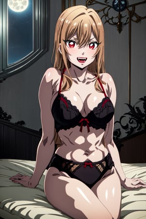 Highly detailed, High quality, Masterpiece, Beautiful, high detailed, high detailed background, (long shot), scenary, castle, indoors, bedroom, bed, lying in bed, night sky, full moon, Anime, one girl, bare shoulders, lingerie, (black lingerie), baby doll, negligee, garter belt, slim, big breasts, open mouth, vampire fangs, red eyes, blonde hair, hair between eyes, long hair, red lips, expressionless, red lips,  sexy vampire girl, vampire, long hair, Vampire, ,Waifu, eft_100_orange