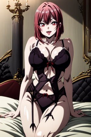 Highly detailed, High quality, Masterpiece, Beautiful, high detailed, high detailed background, (long shot), scenary, castle, indoors, bedroom, bed, lying in bed, night sky, full moon, Anime, one girl, bare shoulders, lingerie, (black lingerie), baby doll, negligee, garter belt, slim, big breasts, open mouth, vampire fangs, red eyes, pink hair, hair between eyes, short hair, red lips, expressionless, red lips, sexy vampire girl, vampire, long hair, Vampire, ,Waifu, ,hakari hanazono