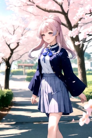 Sangonomiya Kokomi outfit, beautifully adorned in a classic high school uniform, strolls elegantly across a cherry blossom-laden campus. Her uniform consists of a white blouse and a navy-blue plaid skirt. Her hair, held gracefully by a seashell hair clip, sways gently in the breeze. She walks with a serene smile, radiating a sweet tranquility. Her eyes glisten with wisdom, exuding a quiet charm that perfectly accentuates her loveliness and beauty,sangonomiya kokomi (sparkling coralbone)