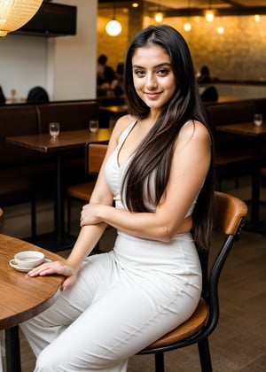  beautiful cute young attractive girl 22 year old, cute, instagram model, long black hair, black eyes, sitting on chair in a resturant, full_body, full confident, exotic beauty, full of attitude, wearing white office dress, pony_tail, feeling happy.
