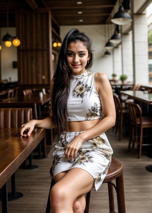 beautiful cute young attractive girl 22 year old, cute, instagram model, long black hair, black eyes, sitting on chair in a resturant, full_body, full confident, exotic beauty, full of attitude, wearing white printed short western dress, pony_tail, feeling happy.
