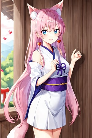 girl, smile, blue_eyes, long_hair, pink_hair, fox_ears, pink_ears, japanese_priestess,aaakari, hearts_earrings