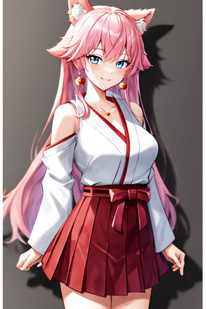 (extremely detailed CG unity 4k wallpaper),(masterpiece),(best quality),(ultra-detailed),(best illustration),(best shadow),(absurdres),(detailed background), 1girl, smile, blue_eyes, long_hair, pink_hair, fox_ears, pink_ears, japanese_priestess,aaakari, hearts_earrings, red_skirt,bell necklace, japanese clothes, miko, 