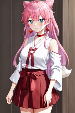 (extremely detailed CG unity 4k wallpaper),(masterpiece),(best quality),(ultra-detailed),(best illustration),(best shadow),(absurdres),(detailed background), 1girl, smile, blue_eyes, long_hair, pink_hair, fox_ears, pink_ears, japanese_priestess,aaakari, hearts_earrings, red_skirt, wide choker, japanese clothes, miko, , long hair,akari watanabe, cone hair bun,earrings