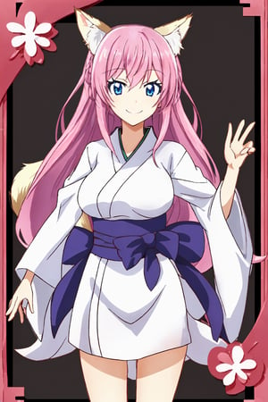 1girl, smile, japanese_priestess, blue_eyes, pink_hair, blond_hair, black_background, ,aaakari,Houki Shinonono, fox_ears