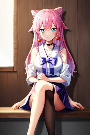(extremely detailed CG unity 4k wallpaper),(masterpiece),(best quality),(ultra-detailed),(best illustration),(best shadow),(absurdres),(detailed background), 1girl, smile, blue_eyes, long_hair, pink_hair, fox_ears, pink_ears, japanese_priestess,aaakari, hearts_earrings, red_skirt, wide choker, japanese clothes, miko, long hair,akari watanabe, cone hair bun,earrings, pink_fox_ears, sitting, legs crossed, black thigh-high stockings