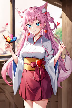 girl, smile, blue_eyes, long_hair, pink_hair, fox_ears, pink_ears, japanese_priestess,aaakari, hearts_earrings