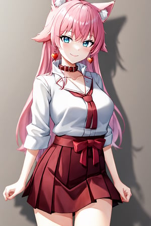 (extremely detailed CG unity 4k wallpaper),(masterpiece),(best quality),(ultra-detailed),(best illustration),(best shadow),(absurdres),(detailed background), 1girl, smile, blue_eyes, long_hair, pink_hair, fox_ears, pink_ears, japanese_priestess,aaakari, hearts_earrings, red_skirt, neck bell, collar, japanese clothes, miko, 