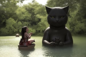 Underexposed, cinematic 3D matte paint render; The head of a giant Chubby cat. emerges from the lake water, splashing water everywhere. A girl in a Tang Dynasty costume, seen from behind, sits on a boat, holding lantern. The girld is not afraid of the scary presence of the cat. Focus on the girl and the cat face; Dramatic lightning