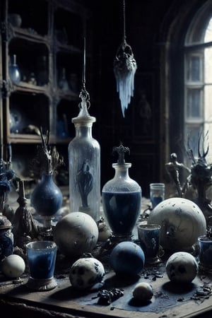  .dark gothic horror.crypted taxidermy . archeology dust. omebia aspect . antique glassware .dark white and indigo 