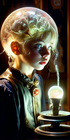 alian electric sphere depicting bacteria art .8K,RAW, Style by J.C. Leyendecker. Canon 5d  4, Kodak Ektar, 35mm,Long_Exposure .realistic . art piece .. shadowing lighting. shinning through form the background..   a pale faced child in a horror movie . shocking features. macabre  art