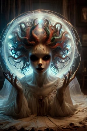 alian electric sphere depicting life .colorful,8K,RAW, Style by J.C. Leyendecker. Canon 5d Mark 4, Kodak Ektar, 35mm,Long_Exposure .realistic .shadowing lighting. shinning through form the background..   a pale faced girl in a horror movie . shocking features. macabre  art