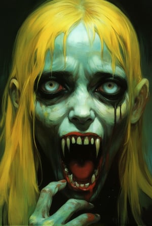 close up half body view of a  pale green skinned vampire girl with red lips. fangs with dripping.. evil  showing large fangs. style Halloween horror . she has white ice eyes. skin like leather . hair of golden yellow 