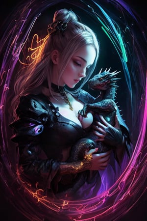 vibrant neon lighting. shinning through form the background. girl holding a small baby dragon. .  abstract creations. repeating patterns . ferrofluidish . showing veins. spectrum swirling . morphism . layered. gothic surrealism . add some gold
