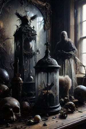  .dark gothic horror.crypted taxidermy . archeology dust. omebia aspect . antique glassware 
